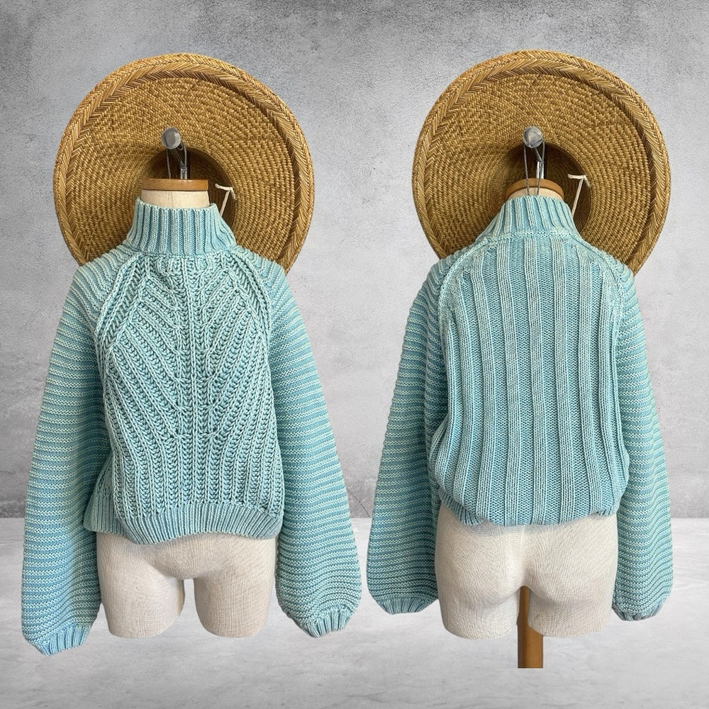 Free People Mint Chunky Sweater With Ballon Sleeves